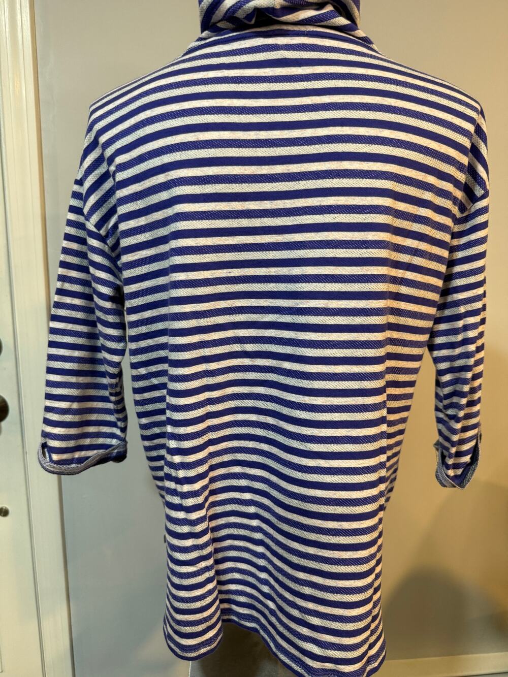 Striped Cowl Neck Drawstring Pullover Tunic Sweatshirt Blue White